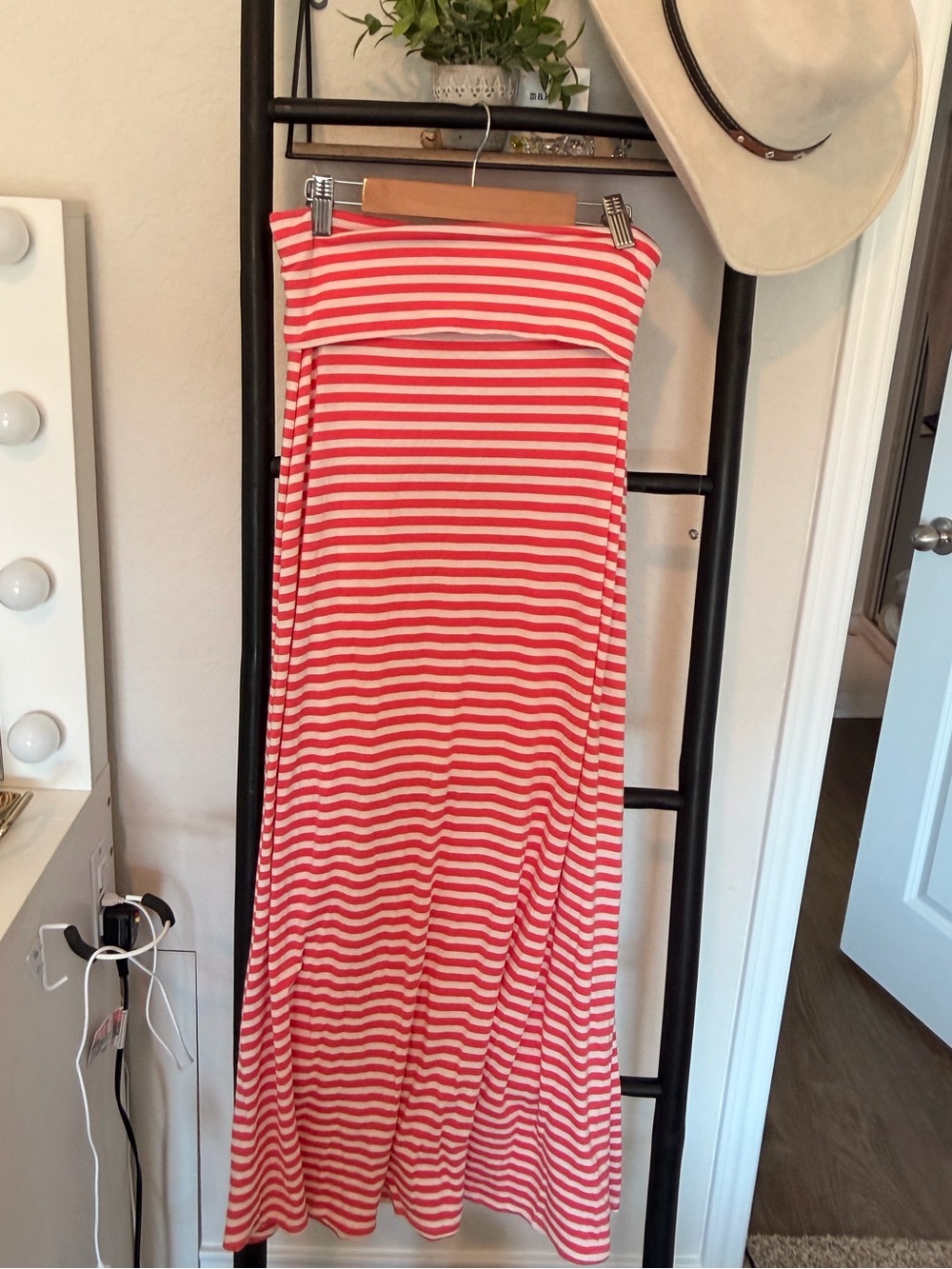 Y2K Coral and White Striped Maxi Skirt